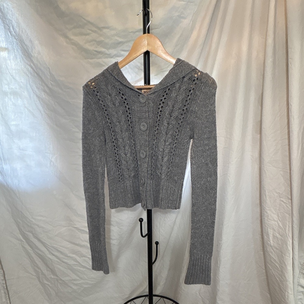 Mudd Gray Cable Knit Hooded Button Cardigan Y2K Bell Sleeve Sweater L JSM33219